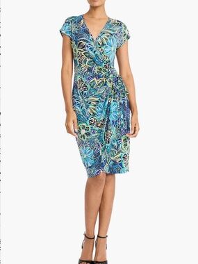 Maggy London Blue Teal Floral Wrap Midi Dress